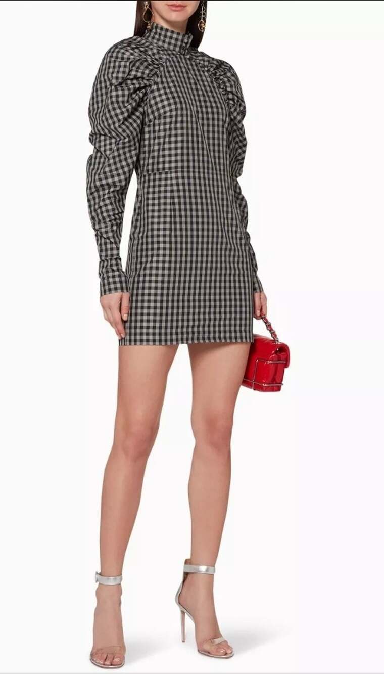 ROTATE Birger Christensen Gray Gingham Check Puff Sleeve Mini Dress Size 40 US 8